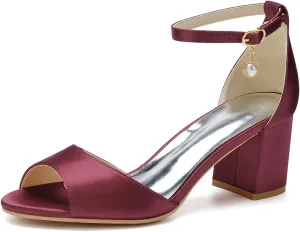 TNXZ 6Cm Women Satin Peep Toe Block Heel Sandals Bridal Wedding Shoes for Bride Ankle Strap Buckle Bridesmaid Shoes
