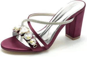 TNXZ Womens Wedding Shoes for Bride Bridesmaid Chunky Heel Open Toe Heels Dress Sandals Glitter Formal Slide Mules with Heel 8.5Cm