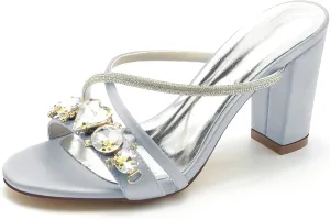 TNXZ Womens Wedding Shoes for Bride Bridesmaid Chunky Heel Open Toe Heels Dress Sandals Glitter Formal Slide Mules with Heel 8.5Cm