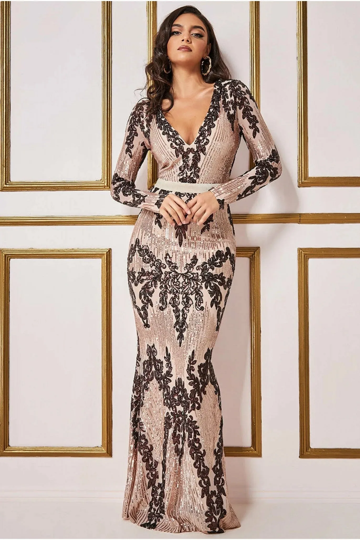 Too Glam Long Sleeve Sequin Champagne Bodycon Maxi Dress