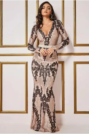 Too Glam Long Sleeve Sequin Champagne Bodycon Maxi Dress