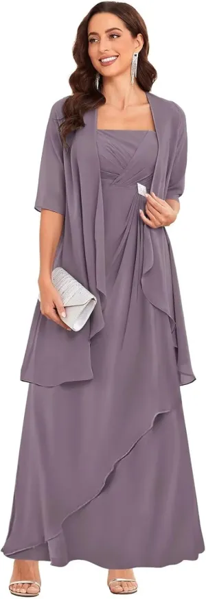 TORYEMY 2 Pieces Mother of The Bride Dresses with Jacket for Wedding Half Sleeve Long Chiffon Formal Evening Dresses