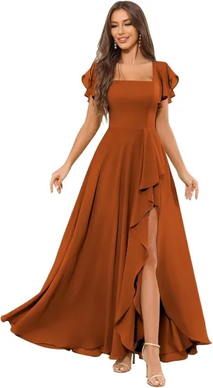 TORYEMY Chiffon Bridesmaid Dresses with Sleeves for Women Long Square Neck Ruffle Formal Evening Dresses with Slit