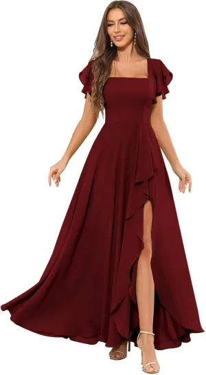 TORYEMY Chiffon Bridesmaid Dresses with Sleeves for Women Long Square Neck Ruffle Formal Evening Dresses with Slit