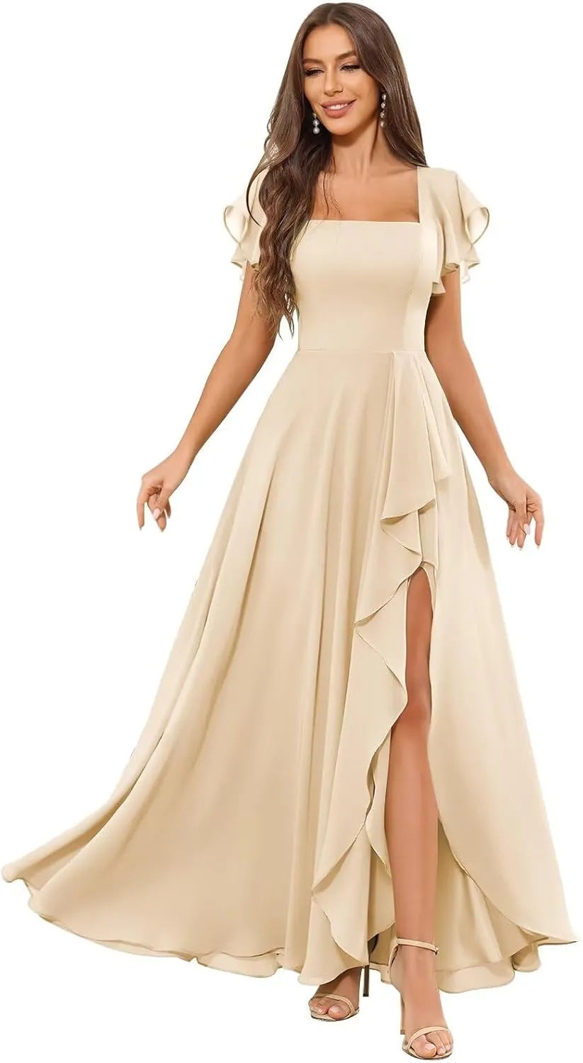 TORYEMY Chiffon Bridesmaid Dresses with Sleeves for Women Long Square Neck Ruffle Formal Evening Dresses with Slit