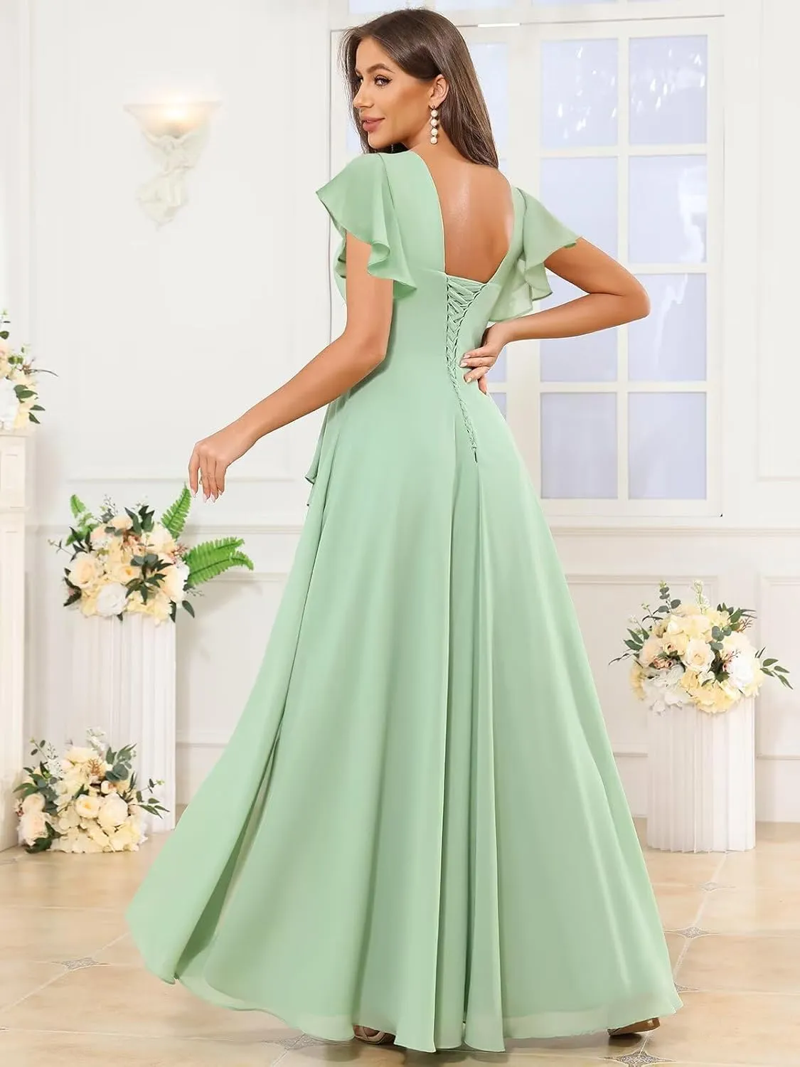 TORYEMY Chiffon Bridesmaid Dresses with Sleeves for Women Long Square Neck Ruffle Formal Evening Dresses with Slit