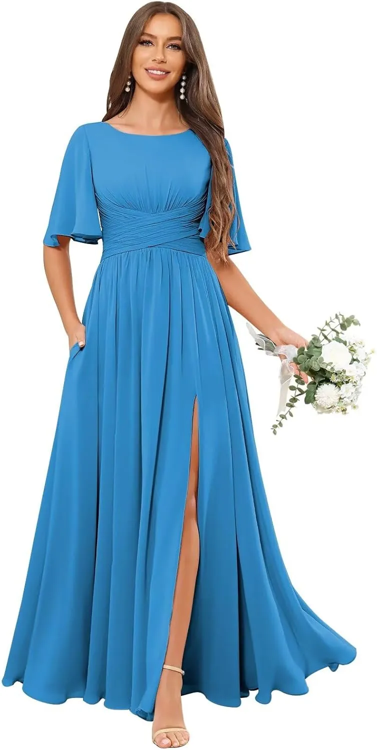 TORYEMY Flutter Sleeve Chiffon Bridesmaid Dresses Long with Pockets Slit Scoop Neck Formal Evening Dress for Women