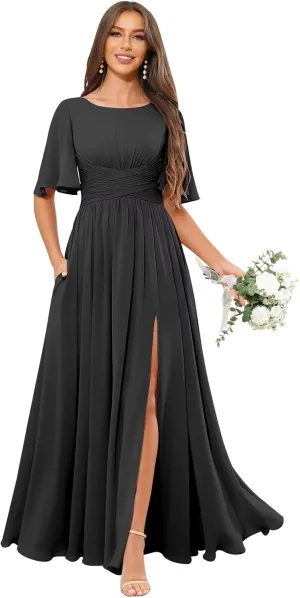 TORYEMY Flutter Sleeve Chiffon Bridesmaid Dresses Long with Pockets Slit Scoop Neck Formal Evening Dress for Women