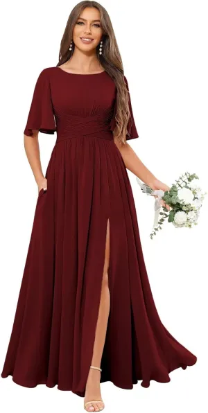 TORYEMY Flutter Sleeve Chiffon Bridesmaid Dresses Long with Pockets Slit Scoop Neck Formal Evening Dress for Women