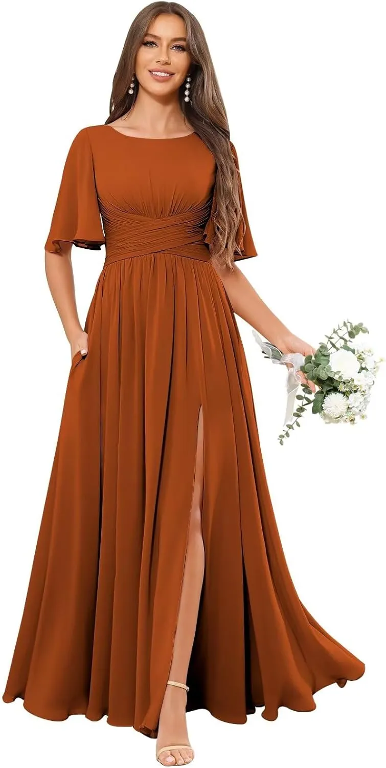 TORYEMY Flutter Sleeve Chiffon Bridesmaid Dresses Long with Pockets Slit Scoop Neck Formal Evening Dress for Women