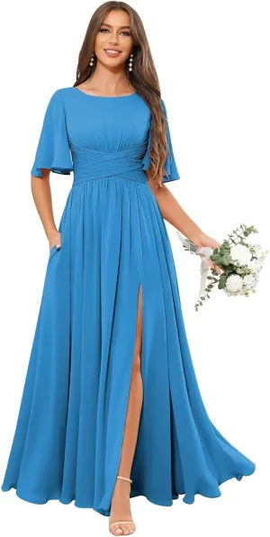 TORYEMY Flutter Sleeve Chiffon Bridesmaid Dresses Long with Pockets Slit Scoop Neck Formal Evening Dress for Women
