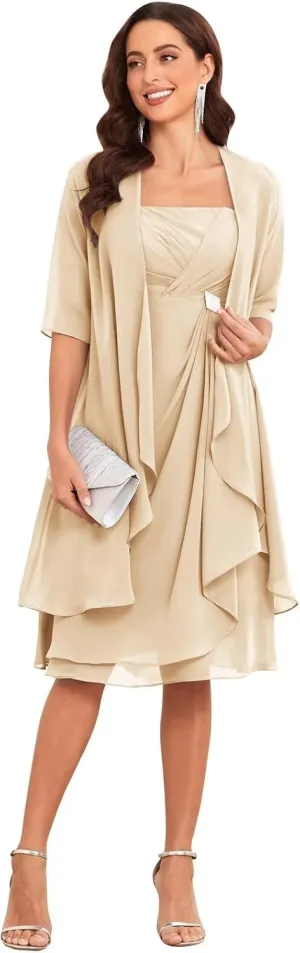 TORYEMY Mother of The Bride Dresses with Jacket 2 Pieces Half Sleeve Knee Length Chiffon Mother Groom Dress