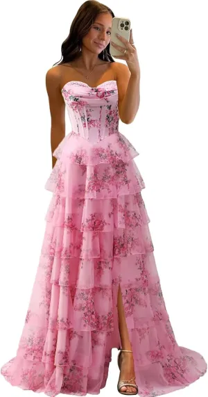 TORYEMY Strapless Corset Prom Dresses for Women 2025 Long Tiered Ruffle Chiffon Formal Evening Gown with Slit
