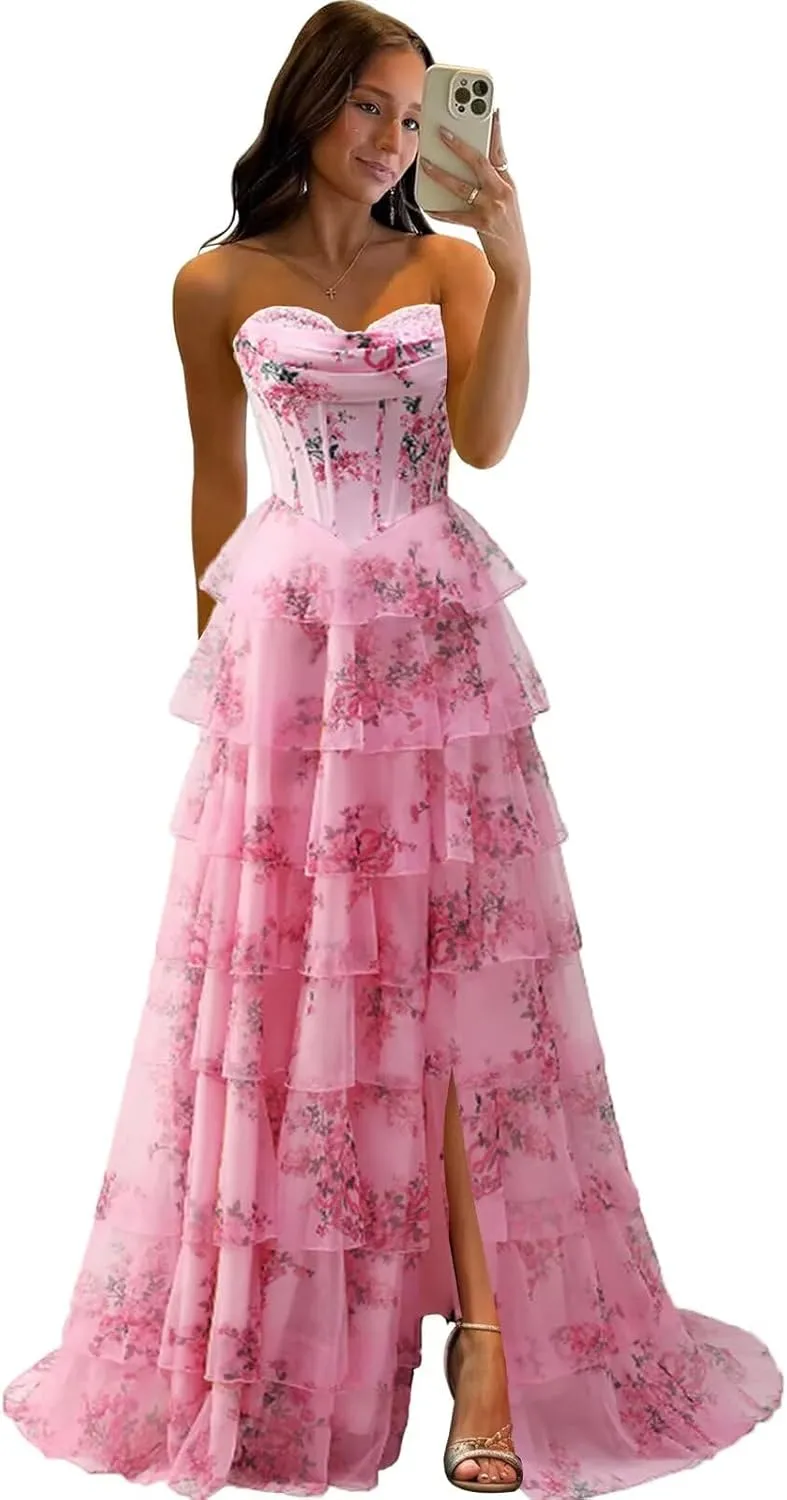 TORYEMY Strapless Corset Prom Dresses for Women 2025 Long Tiered Ruffle Chiffon Formal Evening Gown with Slit