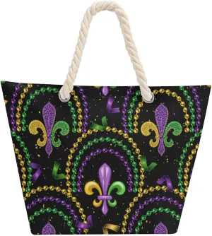 Tote Bag Hemp Rope Shoulder Bag Beaded Mardi Gras Carnival for Women Large Casual Handbag Work Dating