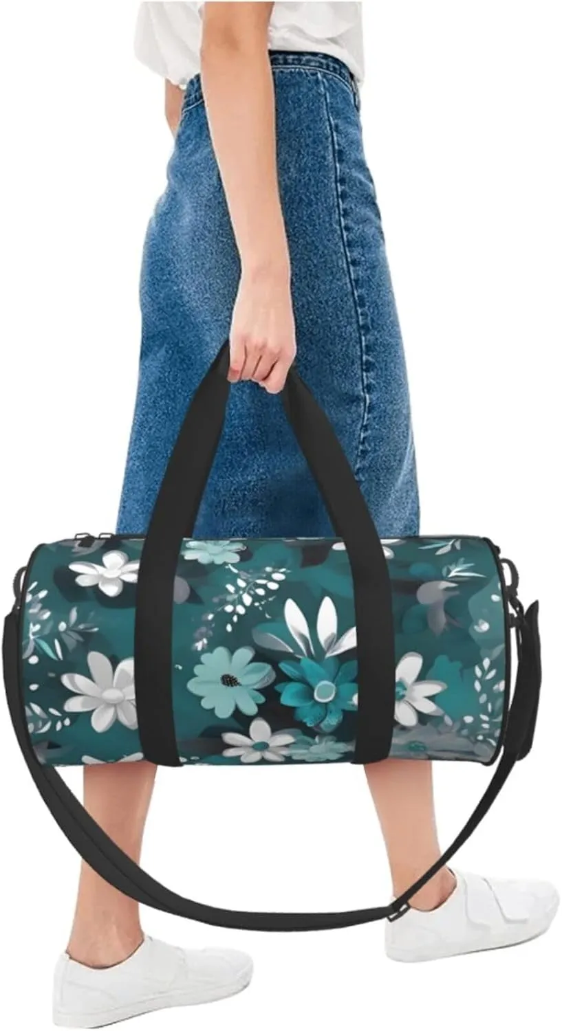 Travel Bag For Women,Teal Grey And White Floral Print Personal Item Duffle Bags,Weekend Travel Duffel Tote Bag,Travel Sport Gym Bag For Men,Airplane Travel Essentials For Flying