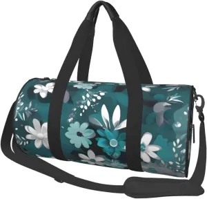 Travel Bag For Women,Teal Grey And White Floral Print Personal Item Duffle Bags,Weekend Travel Duffel Tote Bag,Travel Sport Gym Bag For Men,Airplane Travel Essentials For Flying