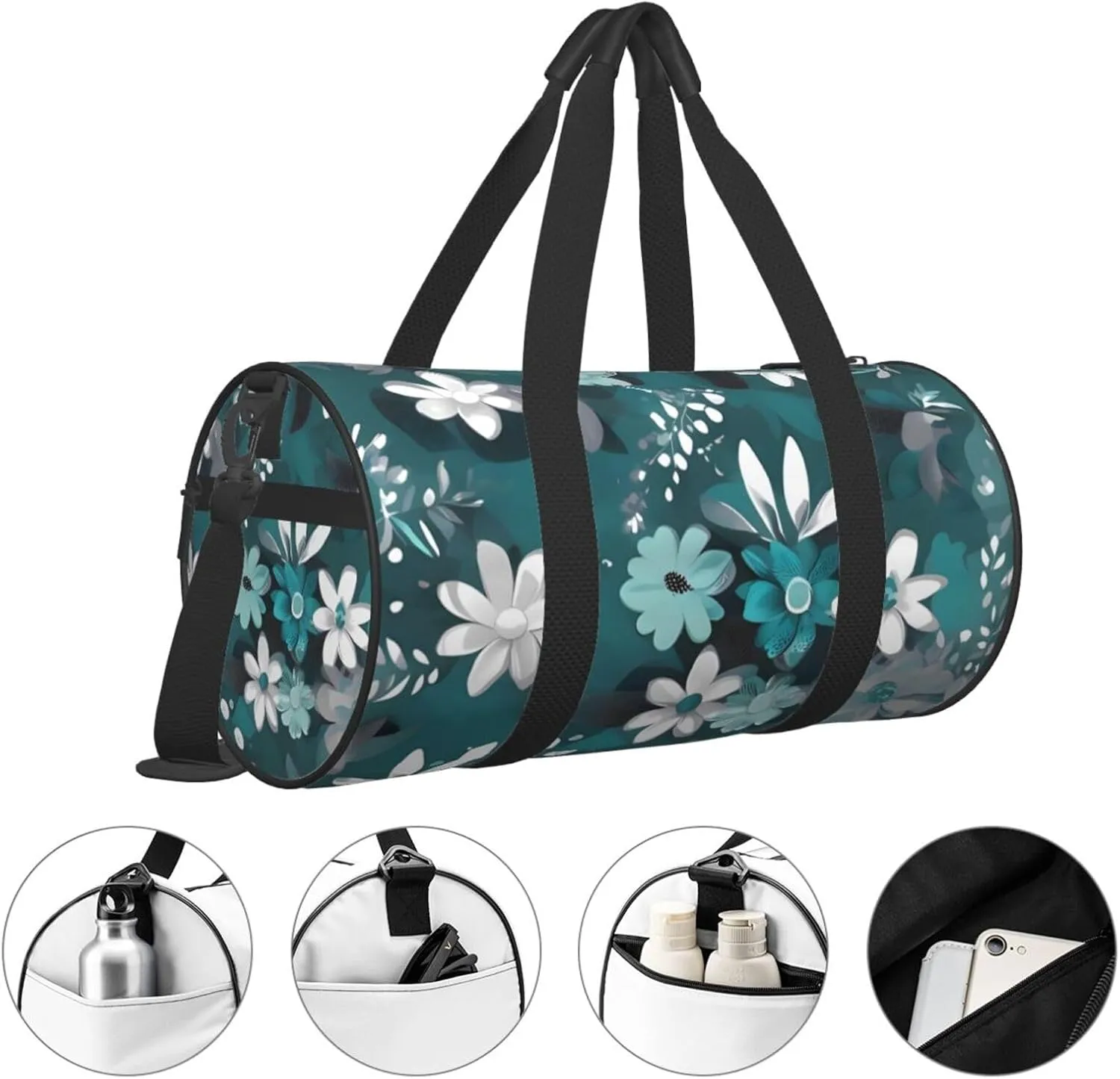 Travel Bag For Women,Teal Grey And White Floral Print Personal Item Duffle Bags,Weekend Travel Duffel Tote Bag,Travel Sport Gym Bag For Men,Airplane Travel Essentials For Flying