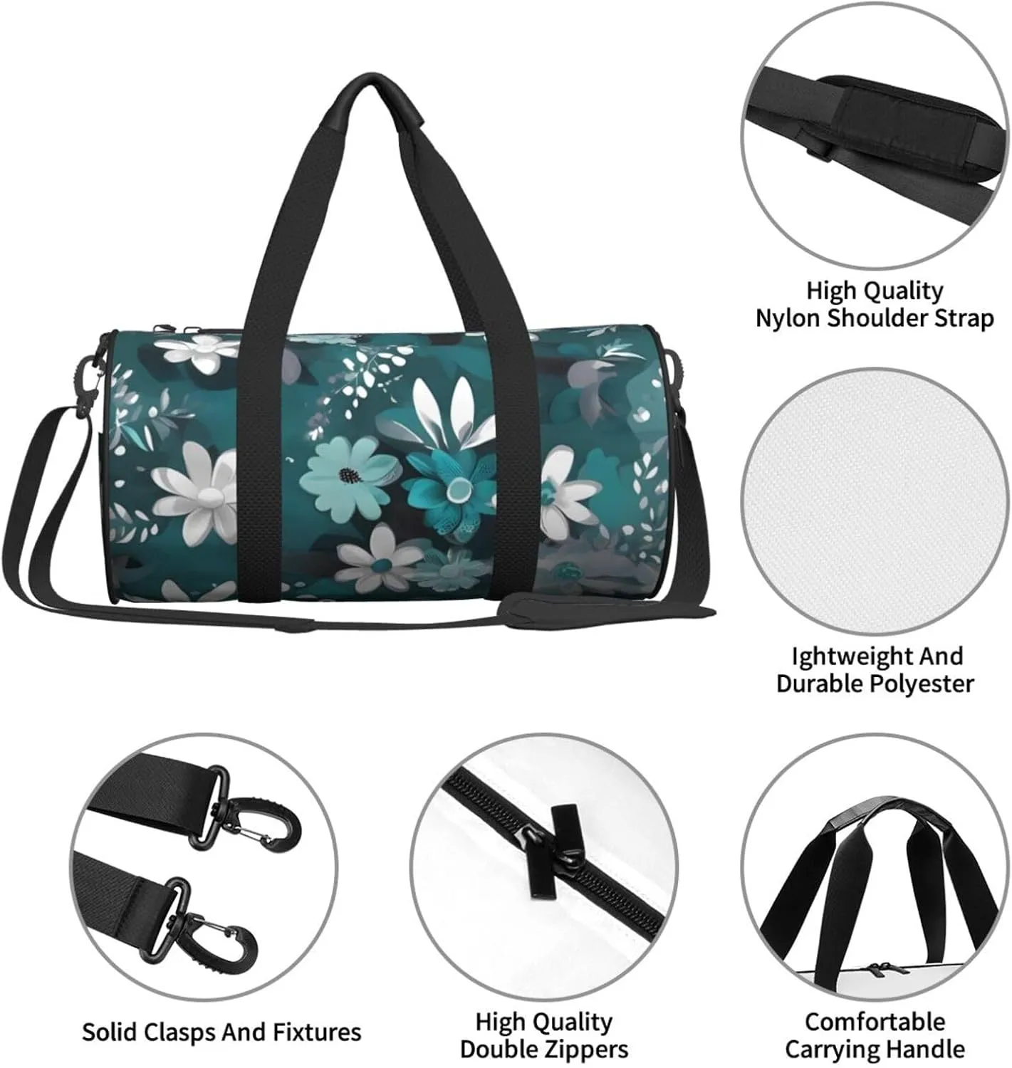Travel Bag For Women,Teal Grey And White Floral Print Personal Item Duffle Bags,Weekend Travel Duffel Tote Bag,Travel Sport Gym Bag For Men,Airplane Travel Essentials For Flying