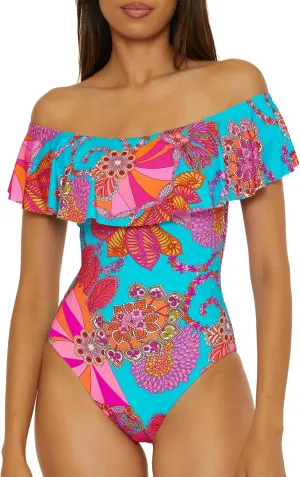 Trina Turk Women's Monaco One Piece Swimsuit, Off Shoulder, Bathing Suits