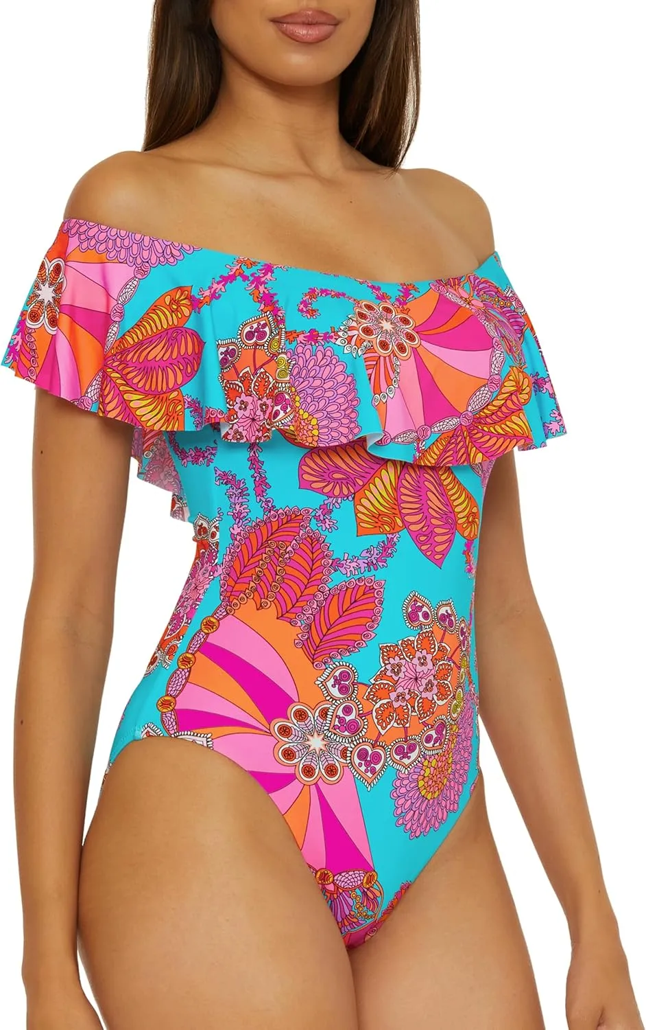 Trina Turk Women's Monaco One Piece Swimsuit, Off Shoulder, Bathing Suits