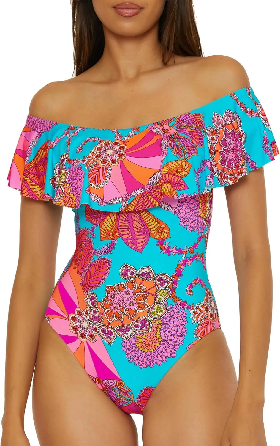 Trina Turk Women's Monaco One Piece Swimsuit, Off Shoulder, Bathing Suits