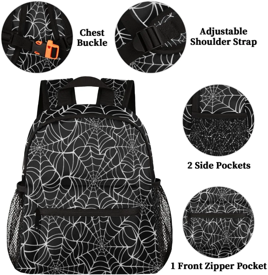 TropicalLife Black Spider Web Kids Backpack for School Boys and Girls, Lightweight Travel Bookbag with Chest Strap for Kindergarten Preschool