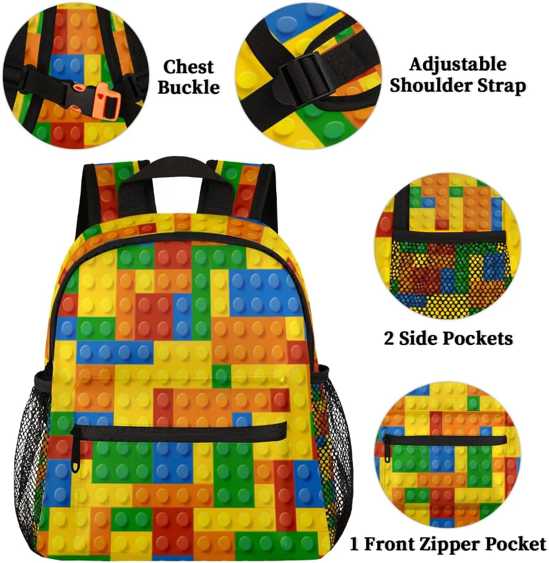 TropicalLife Colourful Building Blocks Kids Backpack for School Boys and Girls, Lightweight Travel Bookbag with Chest Strap for Kindergarten Preschool