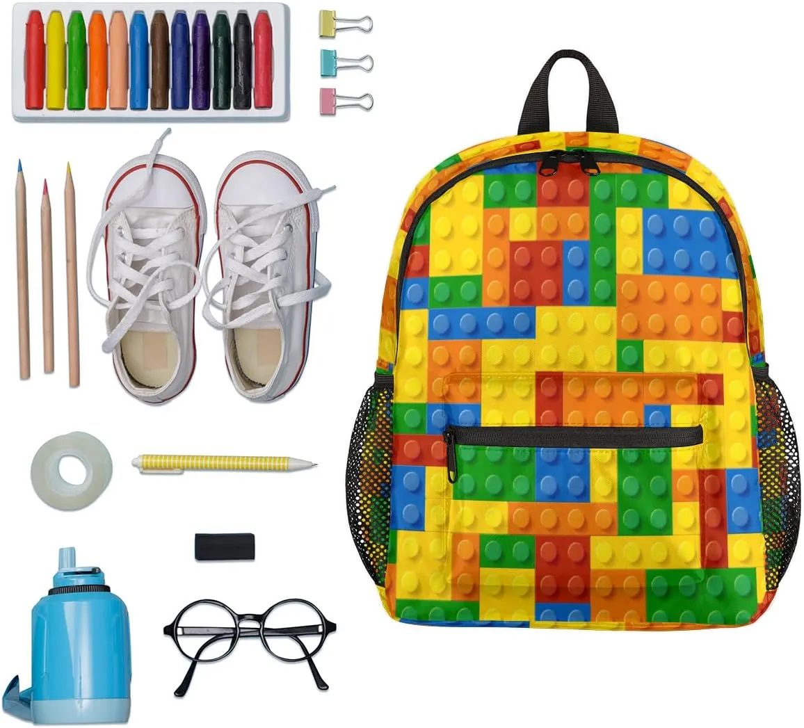 TropicalLife Colourful Building Blocks Kids Backpack for School Boys and Girls, Lightweight Travel Bookbag with Chest Strap for Kindergarten Preschool