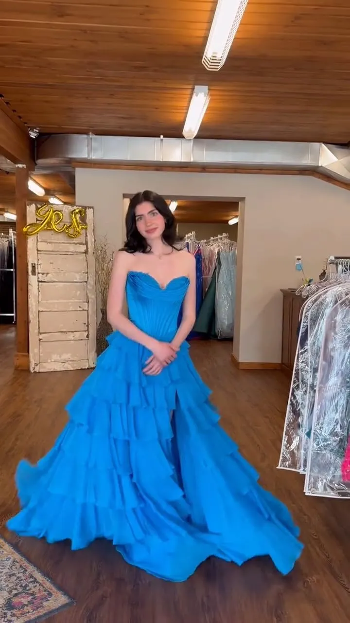 Tulle Floral Print Prom Dress Long Ball Gown Tiered Formal Dress Strapless Sweetheart Evening Gown with Pockets