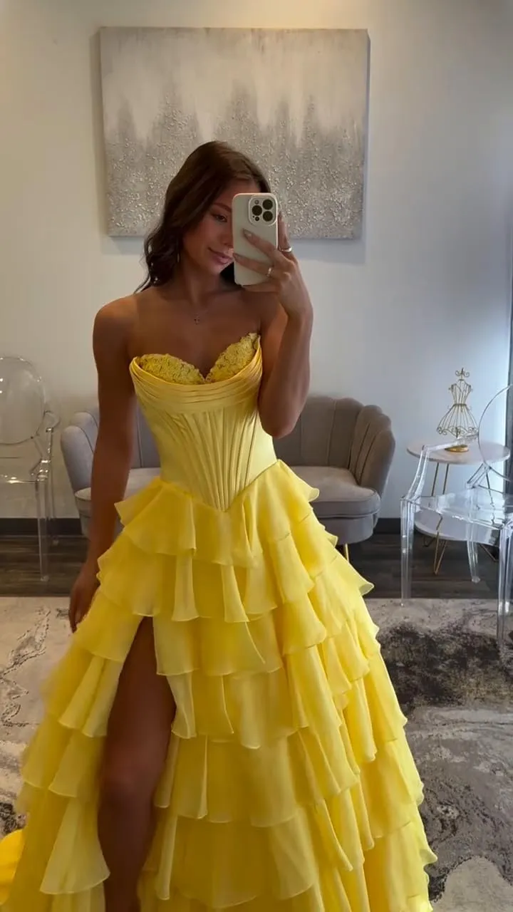 Tulle Floral Print Prom Dress Long Ball Gown Tiered Formal Dress Strapless Sweetheart Evening Gown with Pockets