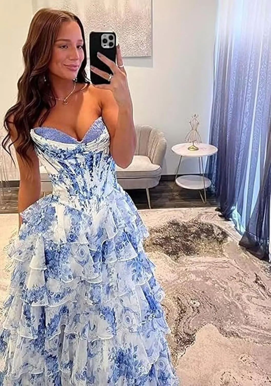 Tulle Floral Print Prom Dress Long Ball Gown Tiered Formal Dress Strapless Sweetheart Evening Gown with Pockets