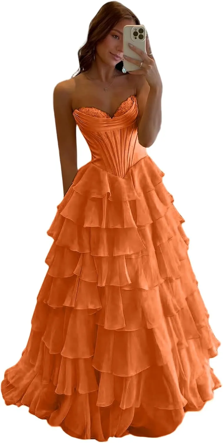 Tulle Floral Print Prom Dress Long Ball Gown Tiered Formal Dress Strapless Sweetheart Evening Gown with Pockets