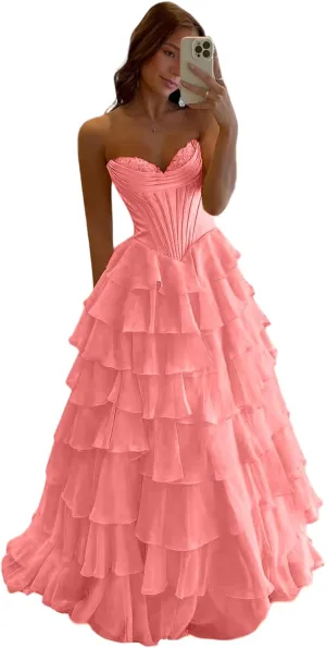 Tulle Floral Print Prom Dress Long Ball Gown Tiered Formal Dress Strapless Sweetheart Evening Gown with Pockets