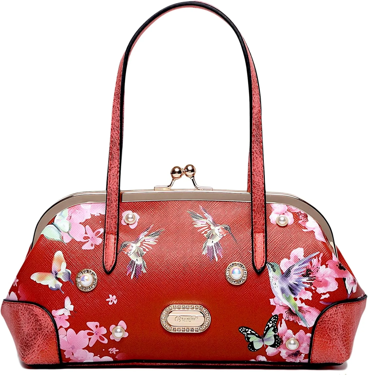 Twilight Garden Women's Designer Handbag with Floral Print, Kiss Lock & Chain Strap, Evening Bag with Crystal Embellishments