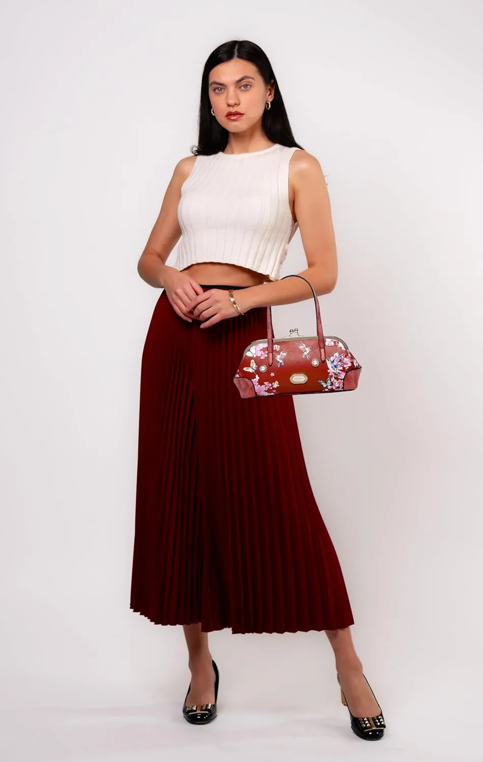Twilight Garden Women's Designer Handbag with Floral Print, Kiss Lock & Chain Strap, Evening Bag with Crystal Embellishments