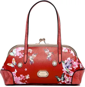 Twilight Garden Women's Designer Handbag with Floral Print, Kiss Lock & Chain Strap, Evening Bag with Crystal Embellishments