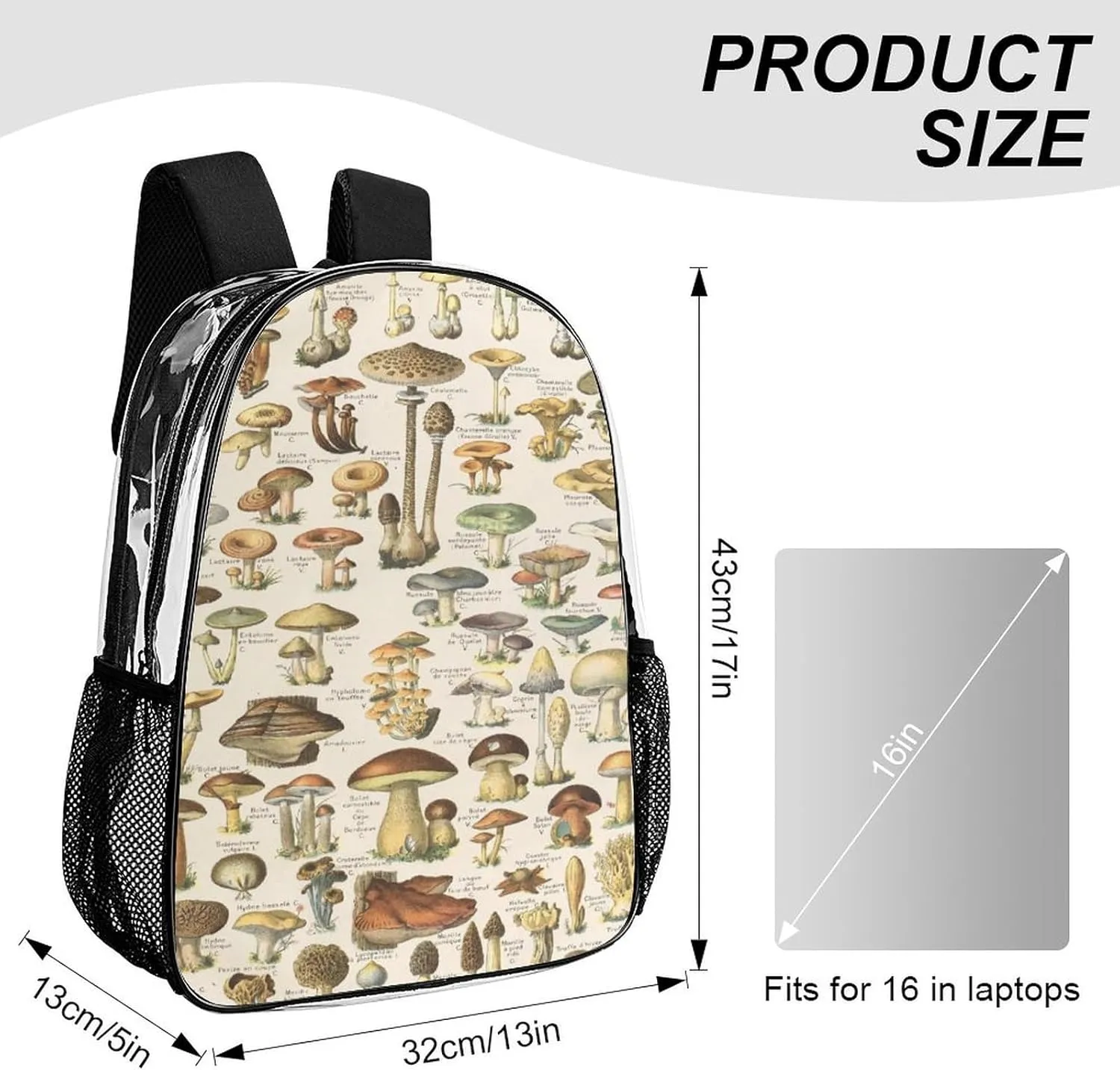Types of Various Mushroom Wild Clear Backpacks PVC Transparent Laptop Backpack Multipurpose Double Shoulder Bag for Men Women Gifts