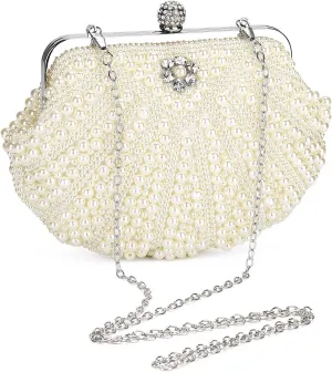 UBORSE Women Pearl Clutch Bag Noble Crystal Beaded Evening Bag Wedding Clutch with Pearl Chain
