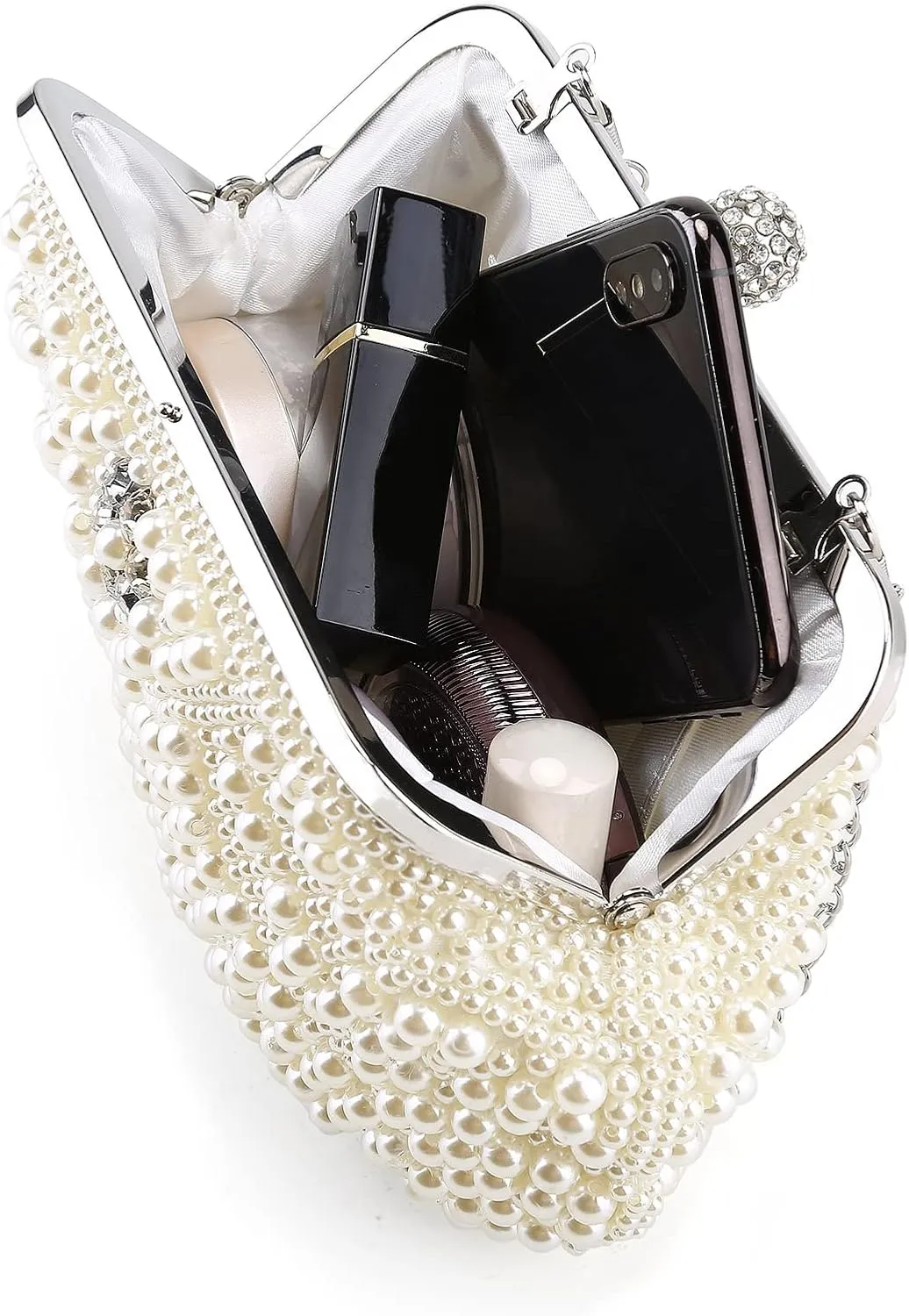 UBORSE Women Pearl Clutch Bag Noble Crystal Beaded Evening Bag Wedding Clutch with Pearl Chain