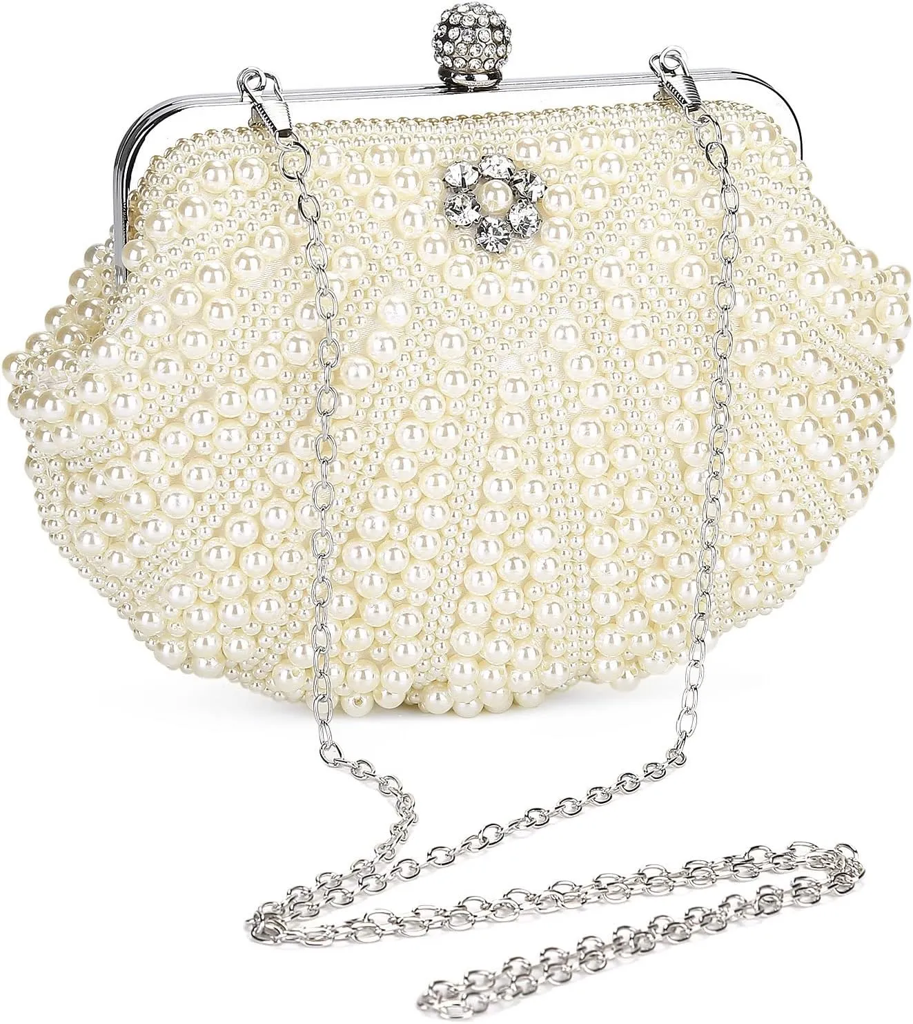 UBORSE Women Pearl Clutch Bag Noble Crystal Beaded Evening Bag Wedding Clutch with Pearl Chain