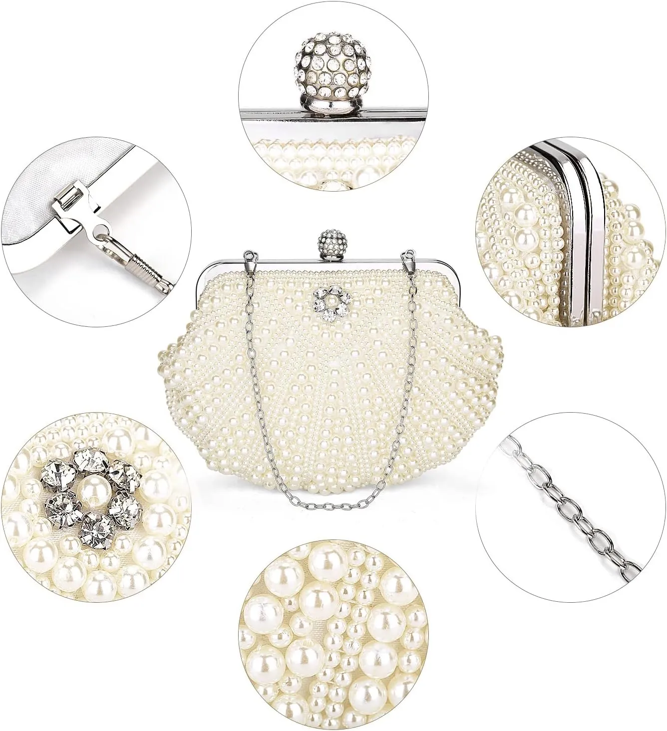UBORSE Women Pearl Clutch Bag Noble Crystal Beaded Evening Bag Wedding Clutch with Pearl Chain