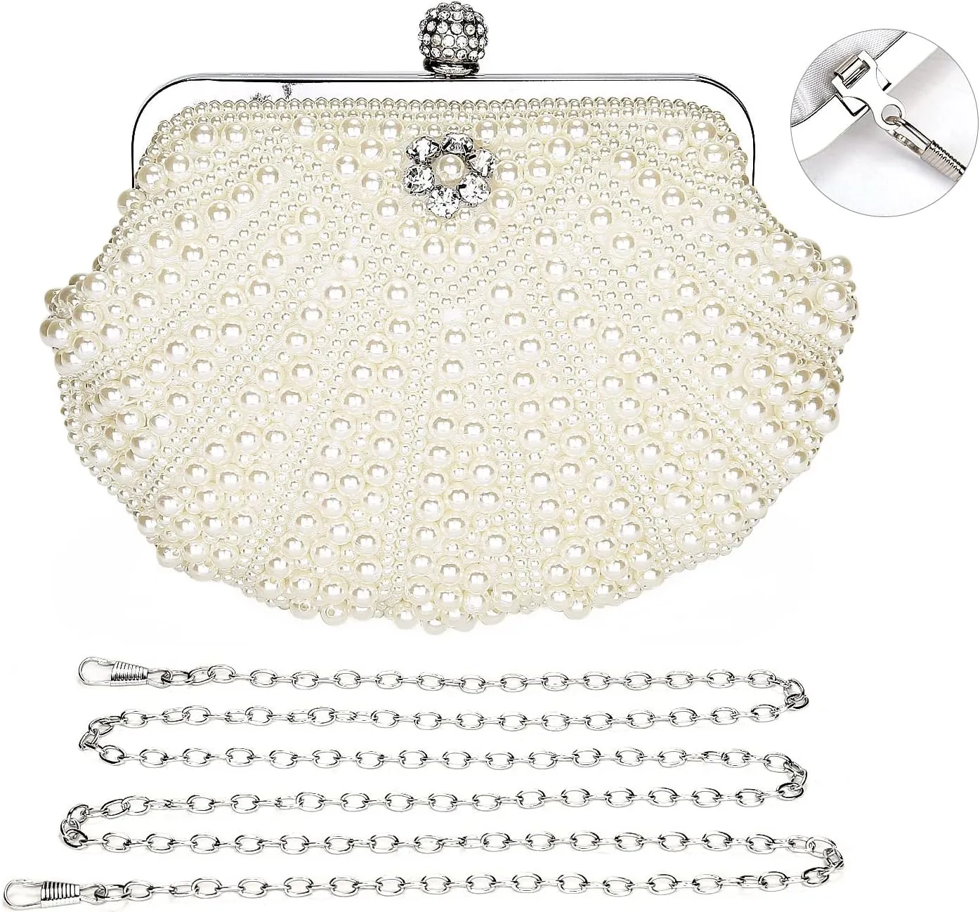 UBORSE Women Pearl Clutch Bag Noble Crystal Beaded Evening Bag Wedding Clutch with Pearl Chain