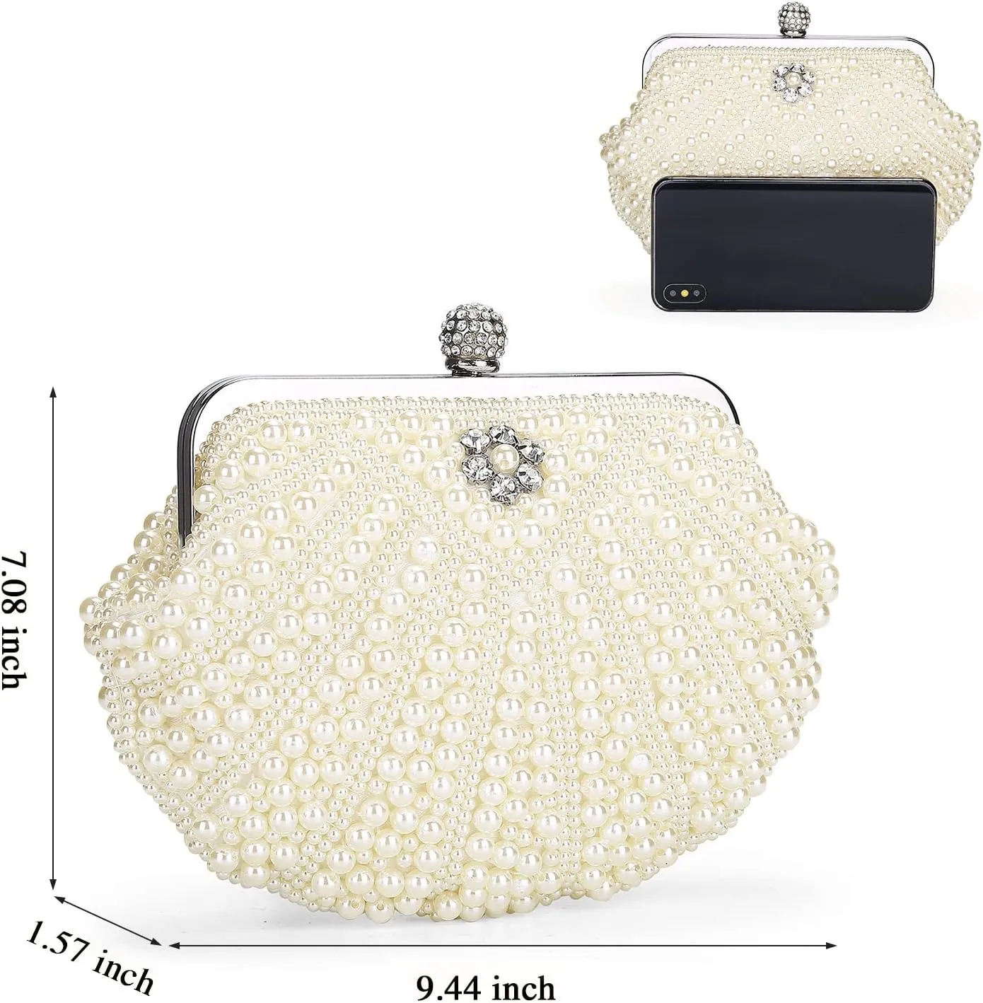 UBORSE Women Pearl Clutch Bag Noble Crystal Beaded Evening Bag Wedding Clutch with Pearl Chain