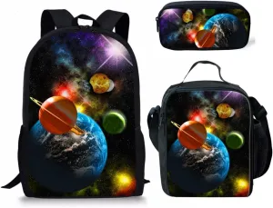 UNICEU Kids Backpacks for School Teen Galaxy Printed Boys Backpack Lunchbox Set