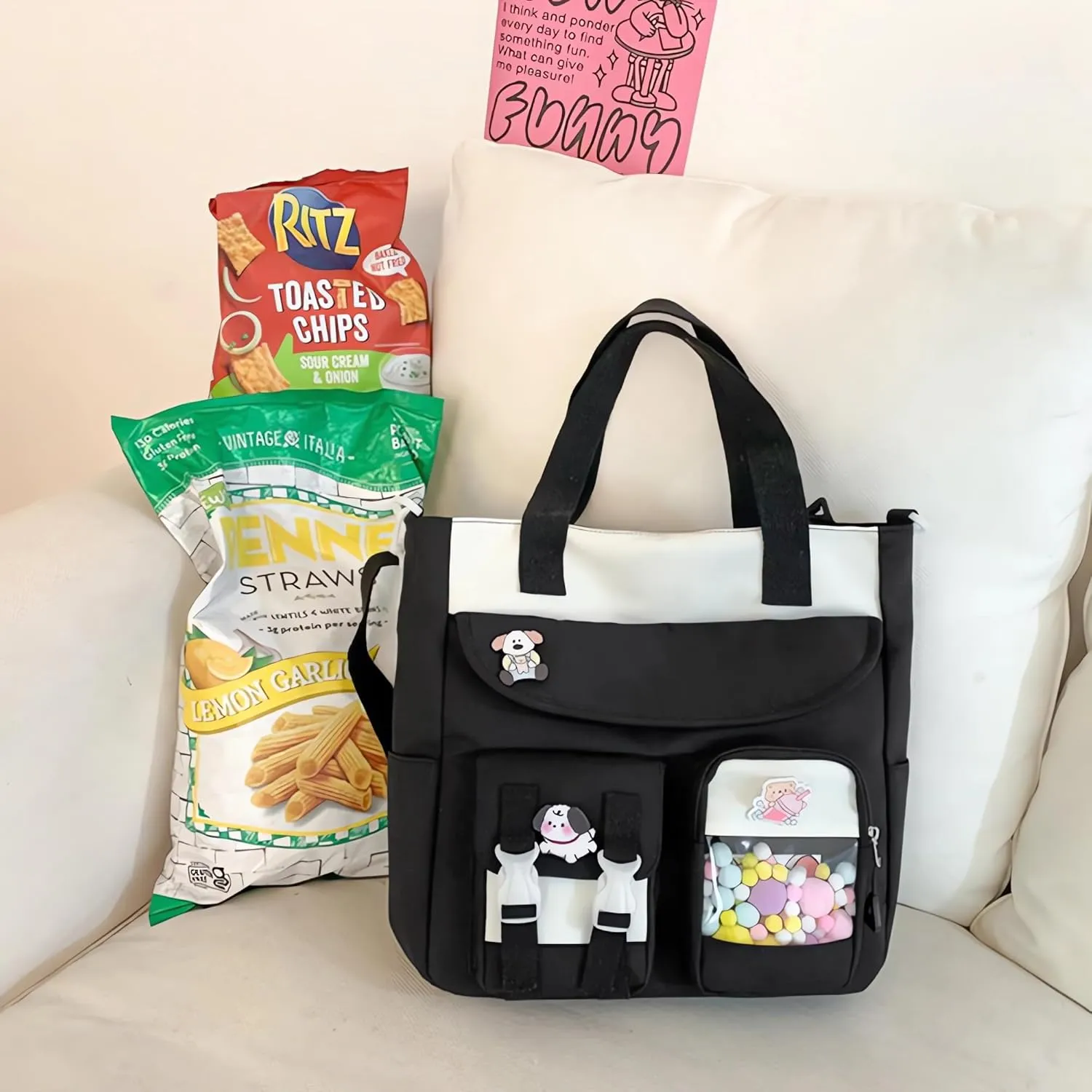 UNICOLD Kawaii Shoulder Bag With Cute Accessories Large Capacity Women's Aesthetic Crossbody Bag (Black)