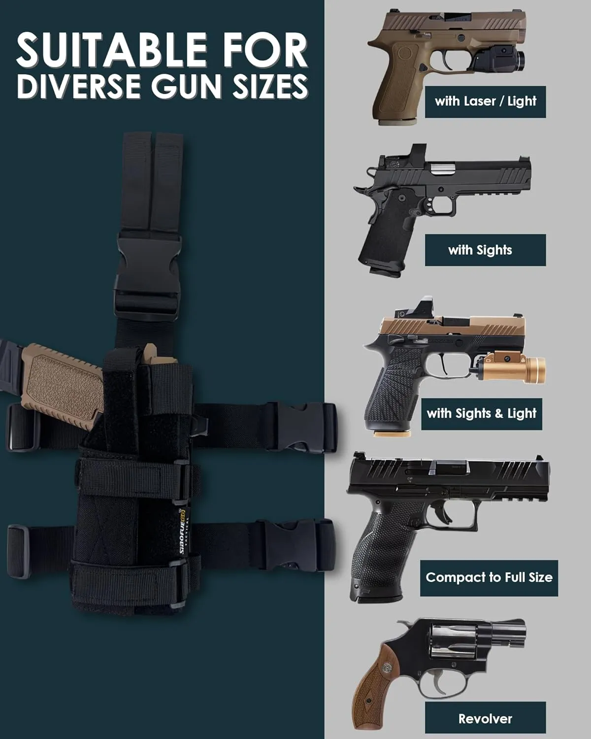 Universal Drop Leg Holster - Adjustable Thigh Holster for Light & Red Dot Sights, Airsoft Pistol Holster with MOLLE Drop Leg Panel, Compatible with 1911, Glock, Sig, Beretta, Ruger, Taurus.(Black)
