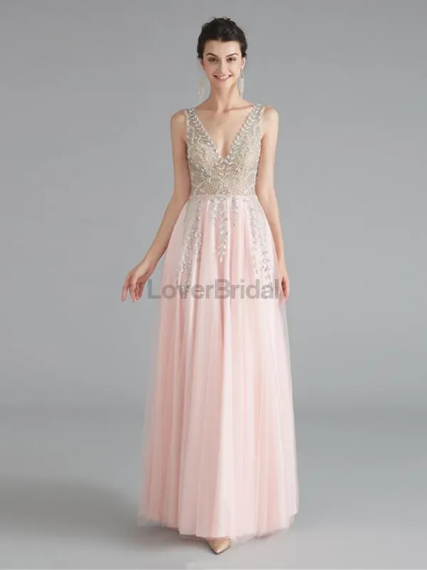 V Neck Chiffon Heavily Beaded Pink Evening Prom Dresses, Evening Party Prom Dresses, 12122