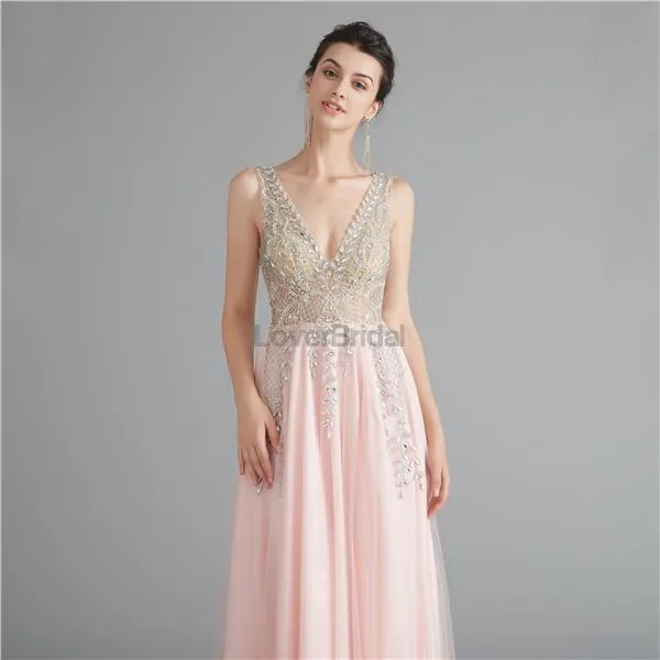 V Neck Chiffon Heavily Beaded Pink Evening Prom Dresses, Evening Party Prom Dresses, 12122