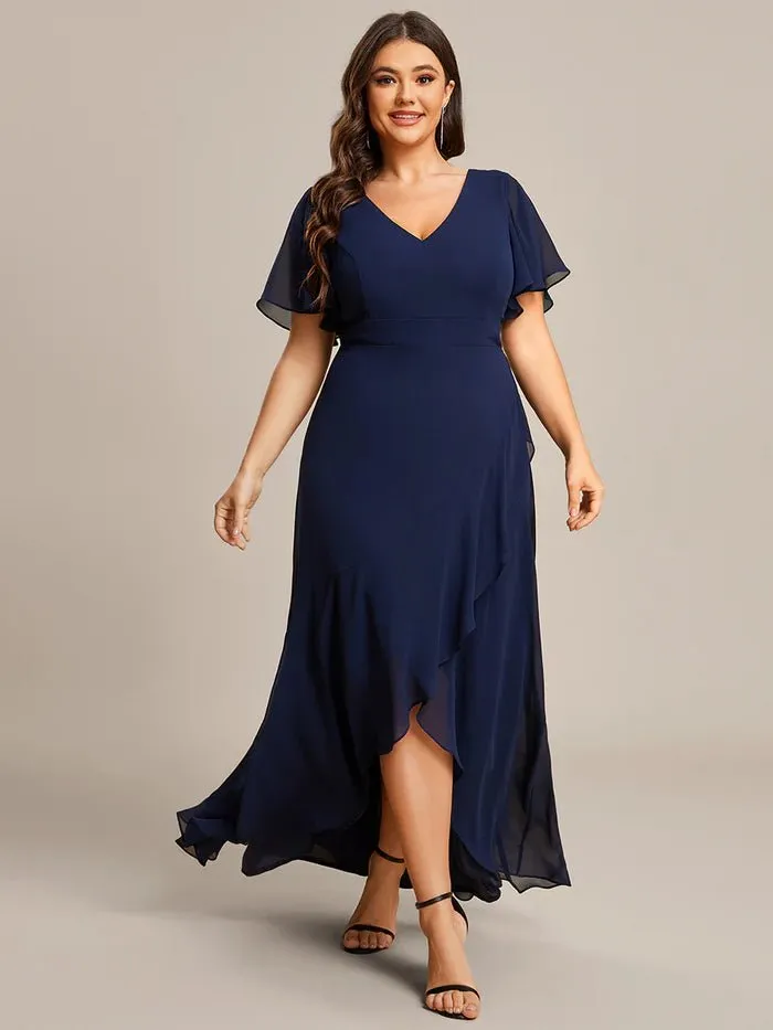 V Neck High Low Ruffles Chiffon Plus Size Evening Dress
